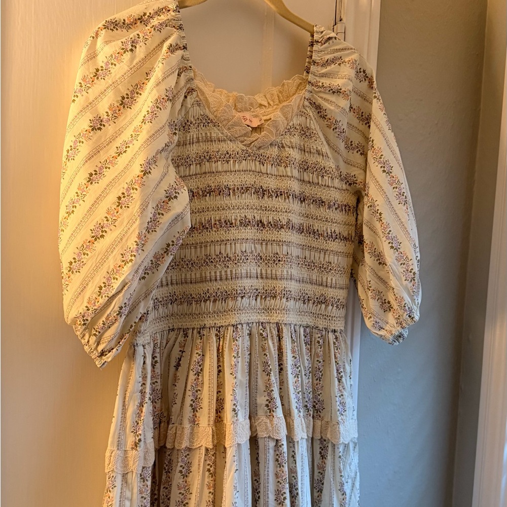 Ivy City Co Cream Dress with Lavender Floral Detail